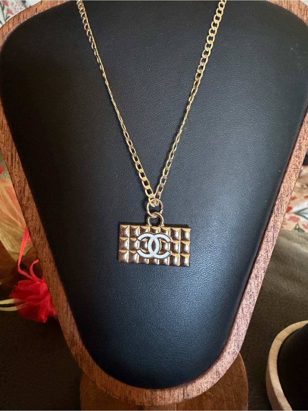 Hand Crafted Gold-Tone Quilted Logo Pendant Necklace
